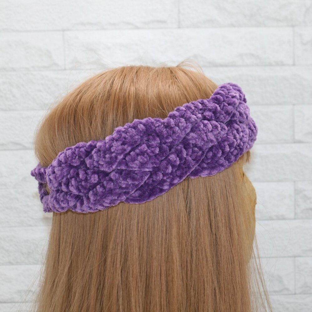 HAND CRAFTED Crochet Braided Earwarmer Head Band Wide Chenille Velvet Purple - Picture 5 of 16